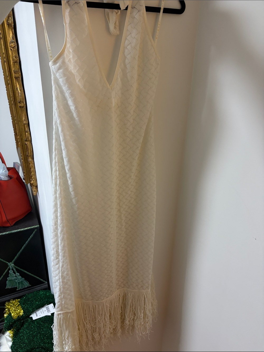 Sleeveless Ivory Midi Dress with Fringe Hem